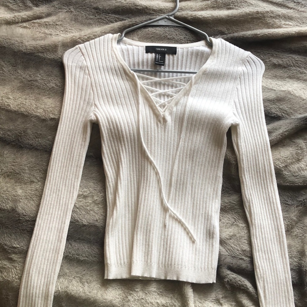 White lace up knit top